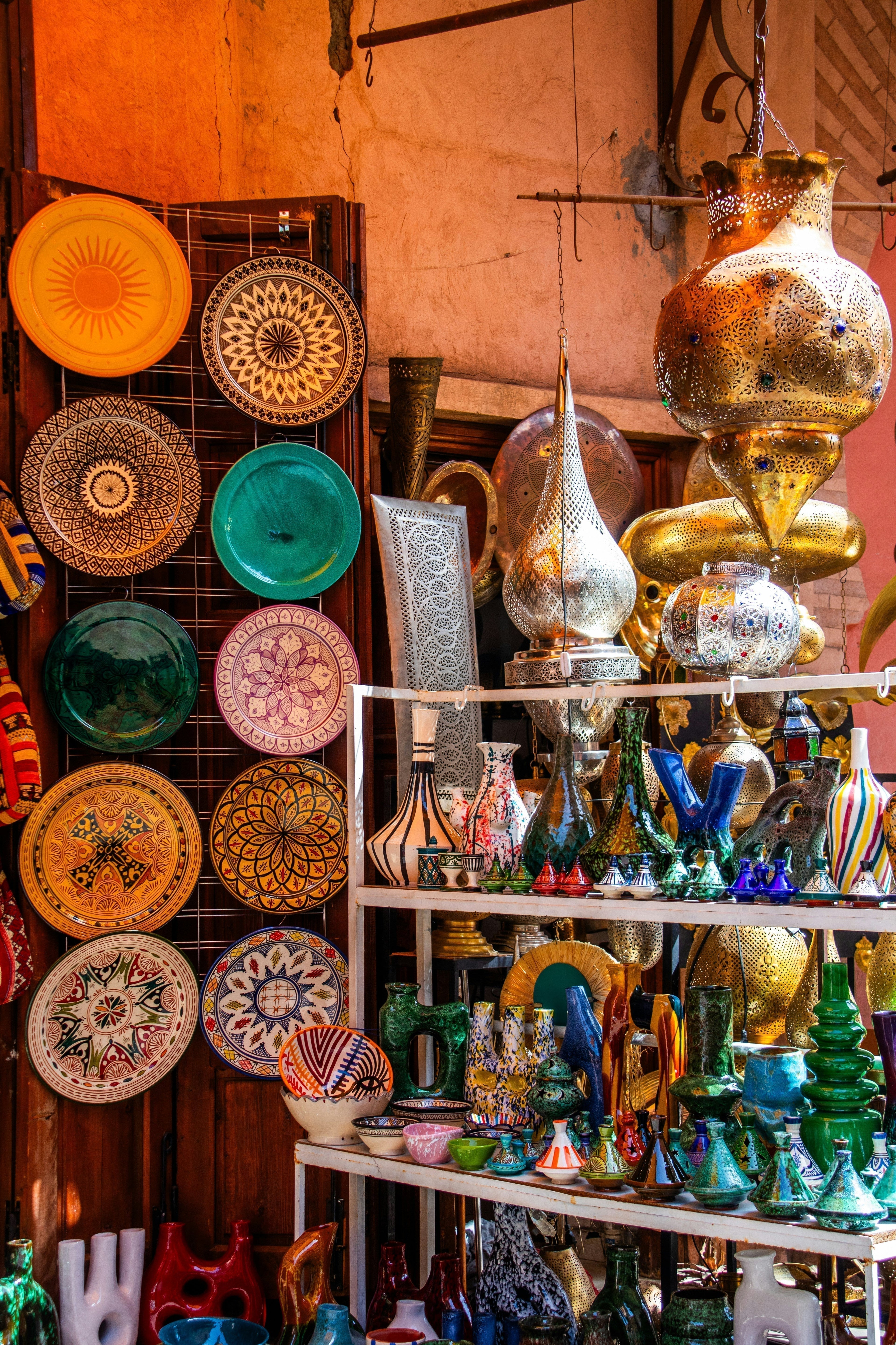 traditional moroccan handmade decor and lanterns in market display